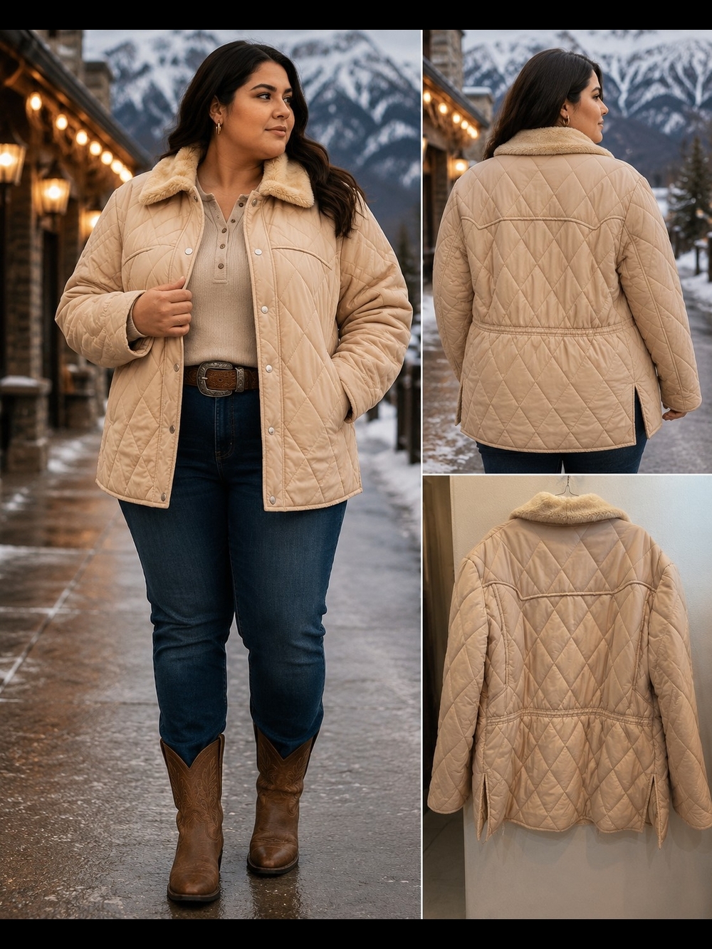 Quilted Faux-Shearling Collar Jacket - Beige